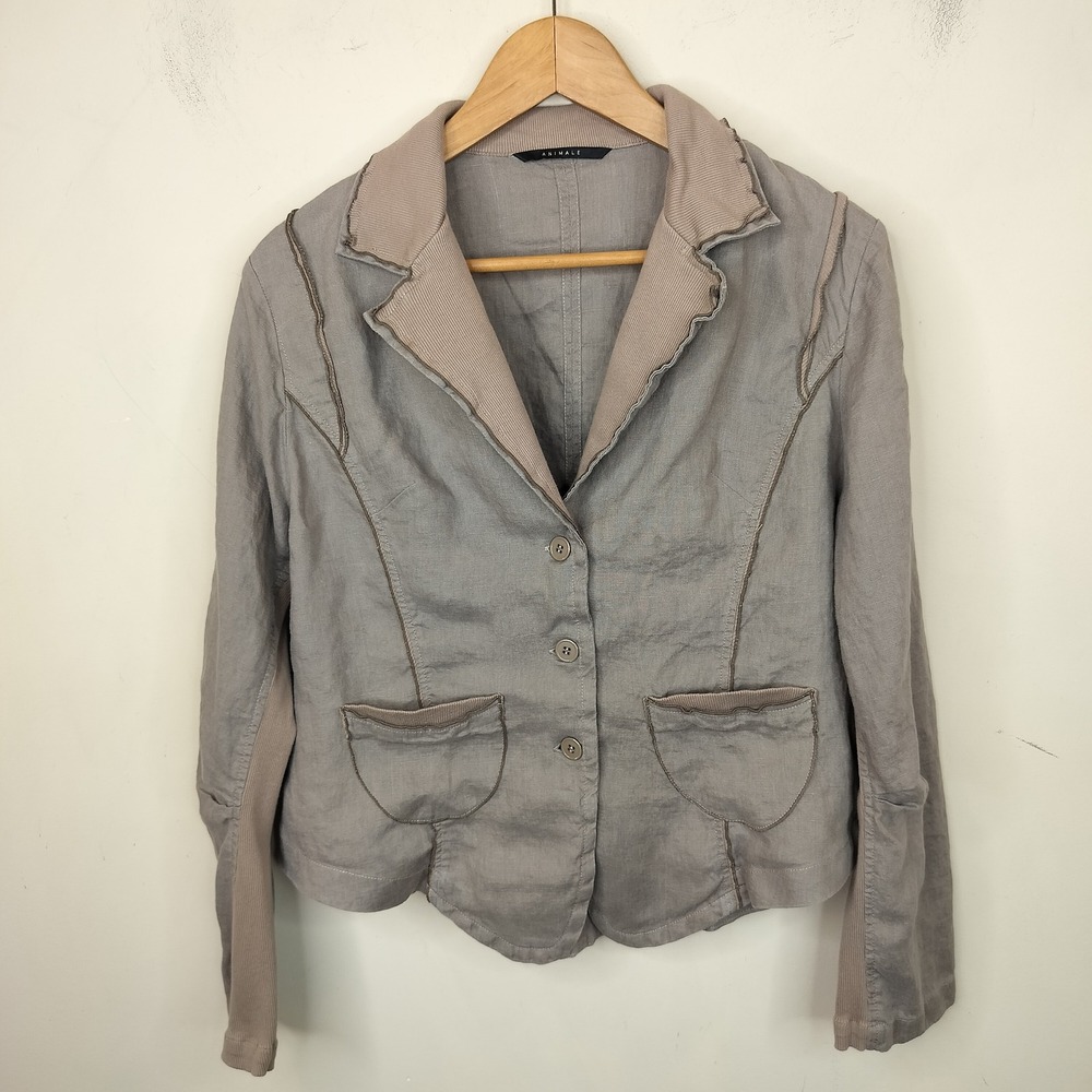Animale Linen Jacket EU 40 / 8 US Ruffled Back Ribbed Trim Taupe